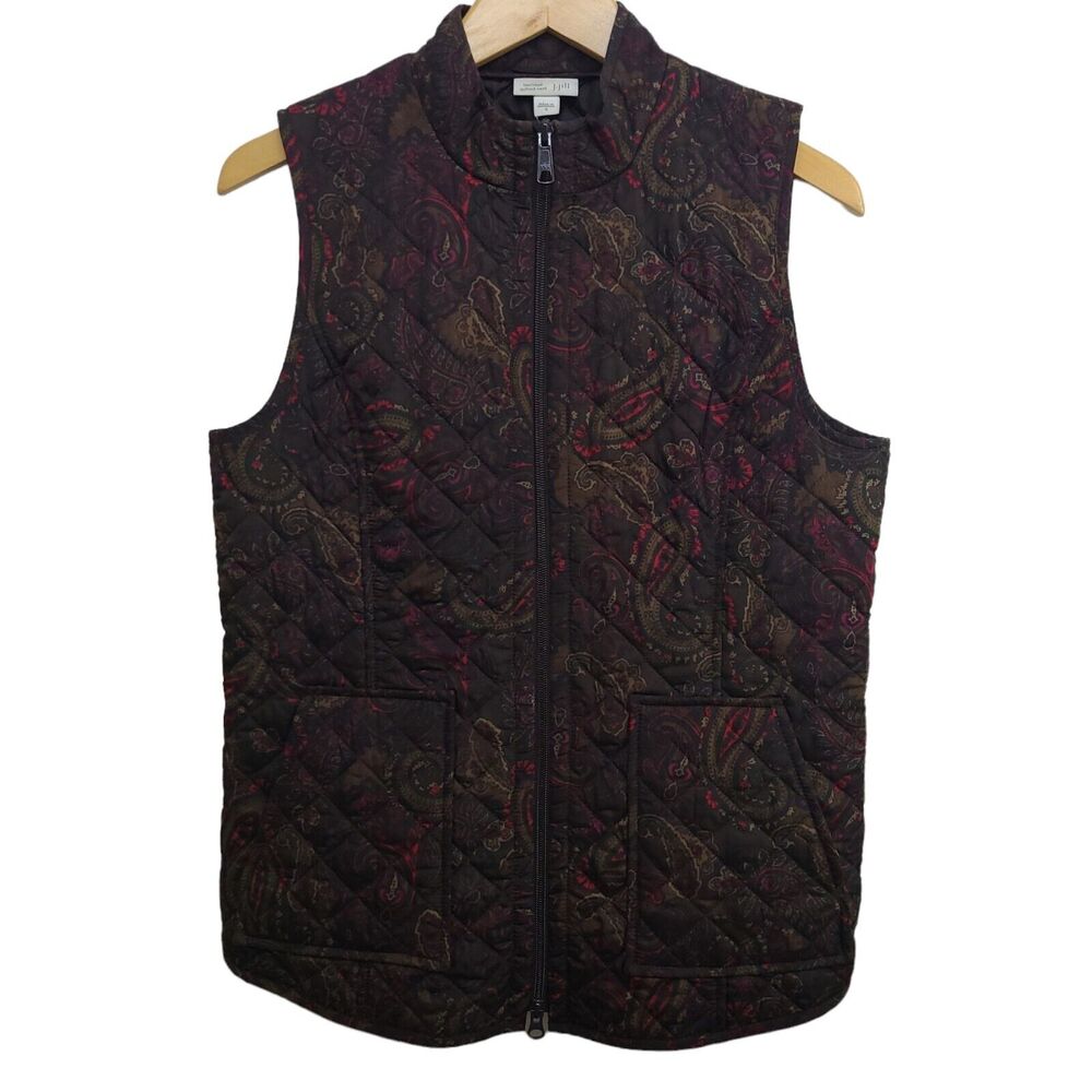 J. Jill Women's Size Small Heritage Quilted Vest Wine Paisley Zip Pockets